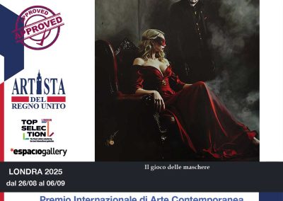 Esposizione dell'opera "Il gioco delle maschere" dell'artista contemporaneo Giuseppe Bevilacqua, in arte Alex_g_art, presso la Galleria Espacio in occasione del Premio Artista del Regno Unito - Top Selection London 2025, organizzato dall’associazione culturale PitturiAmo.