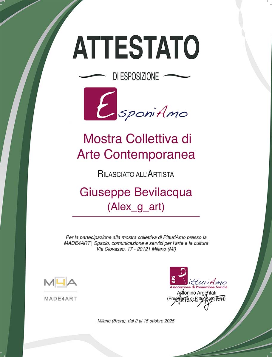 Attestato di merito artistico rilasciato all'artista contemporaneo Giuseppe Bevilacqua, in arte Alex_g_art, in occasione della mostra collettiva d’arte contemporanea presso la galleria Made4Art, Milano