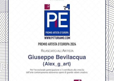 Attestato di merito artistico rilasciato all'artista contemporaneo Giuseppe Bevilacqua in occasione del Premio Artista d'Europa 2024
