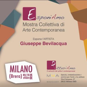 Locandina di Giuseppe Bevilacqua in occasione di una mostra di arte contemporanea a Brera, Milano, presso la Galleria Made4Art
