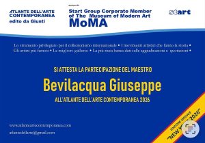 Certificato ufficiale di partecipazione dell’artista Giuseppe Bevilacqua, in arte Alex_g_art, all’Atlante dell’Arte Contemporanea 2026, pubblicato da Giunti in collaborazione con Start Group e MoMA.