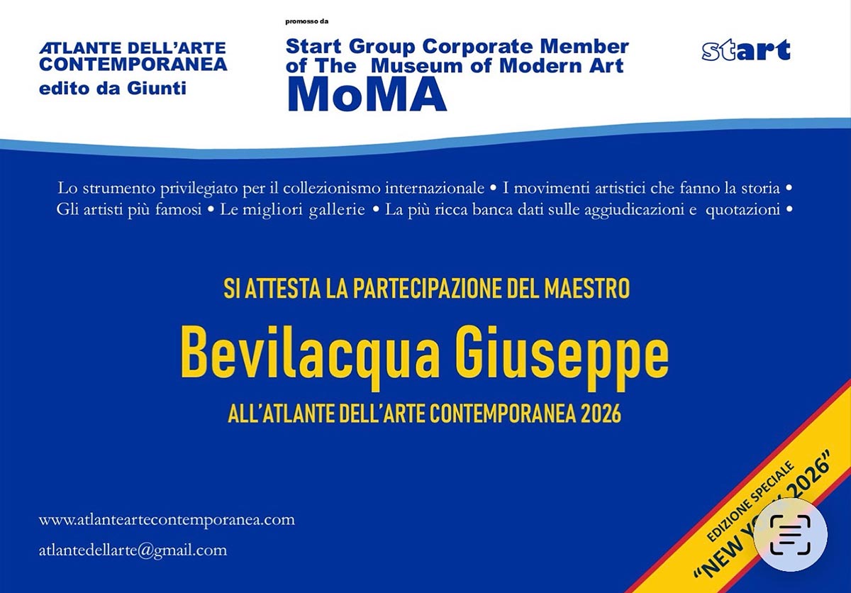 Certificato ufficiale di partecipazione dell’artista Giuseppe Bevilacqua, in arte Alex_g_art, all’Atlante dell’Arte Contemporanea 2026, pubblicato da Giunti in collaborazione con Start Group e MoMA.
