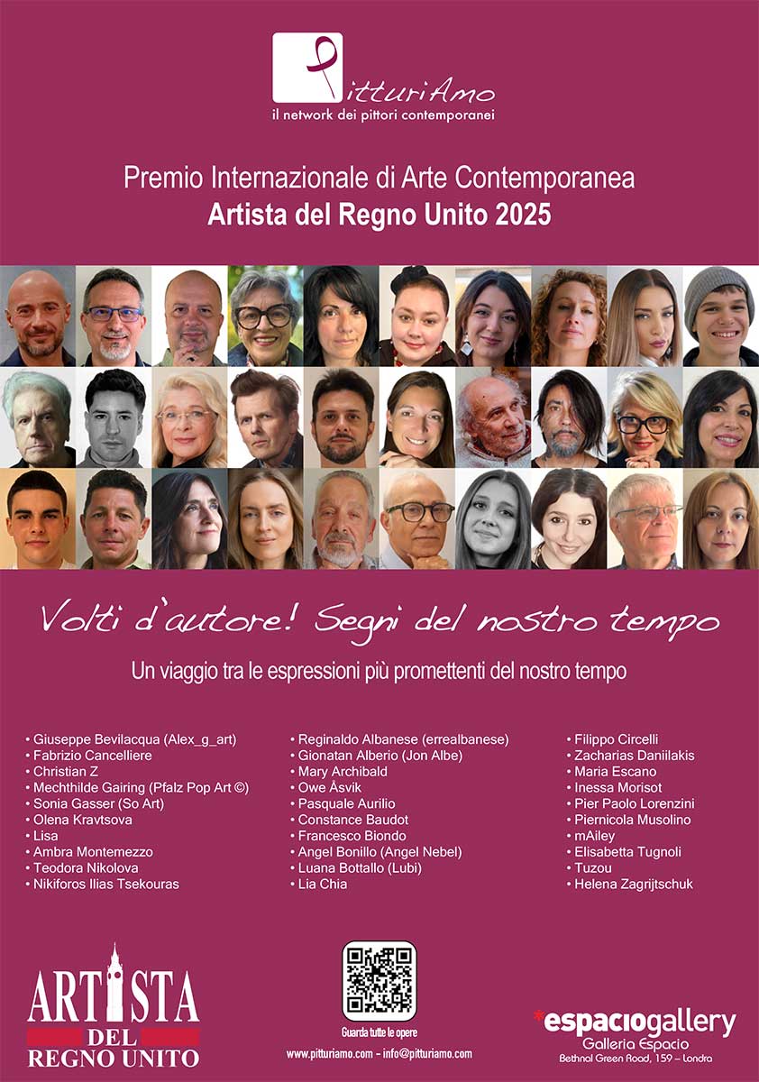 Giuseppe Bevilacqua, artista premiato al 'Premio Artista del Regno Unito 2025' e promosso sulla rivista L'Espresso con il claim 'Volti d'autore, segni del nostro tempo'.