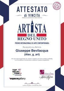 Attestato di Vincita del Premio Artista del Regno Unito - Top Selection London 2025 dell'artista contemporaneo Giuseppe Bevilacqua, in arte Alex_g_art.