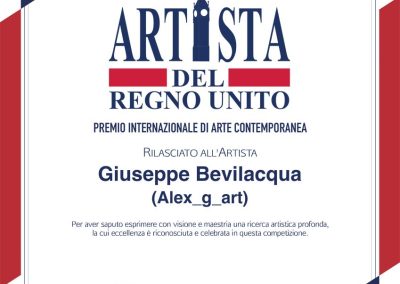 Attestato di Vincita del Premio Artista del Regno Unito - Top Selection London 2025 dell'artista contemporaneo Giuseppe Bevilacqua, in arte Alex_g_art.